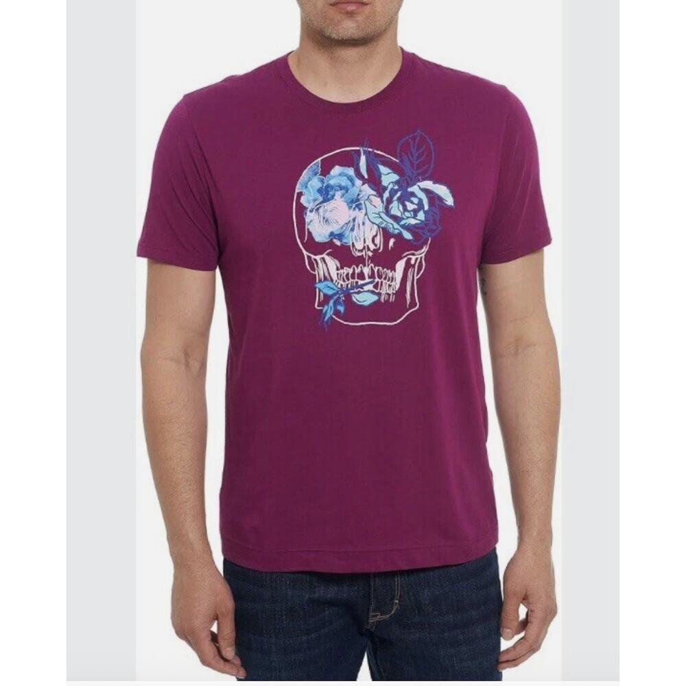 NWT Robert Graham Hibiscus Skull Crew Neck Berry Size Men's Small 100% Cotton